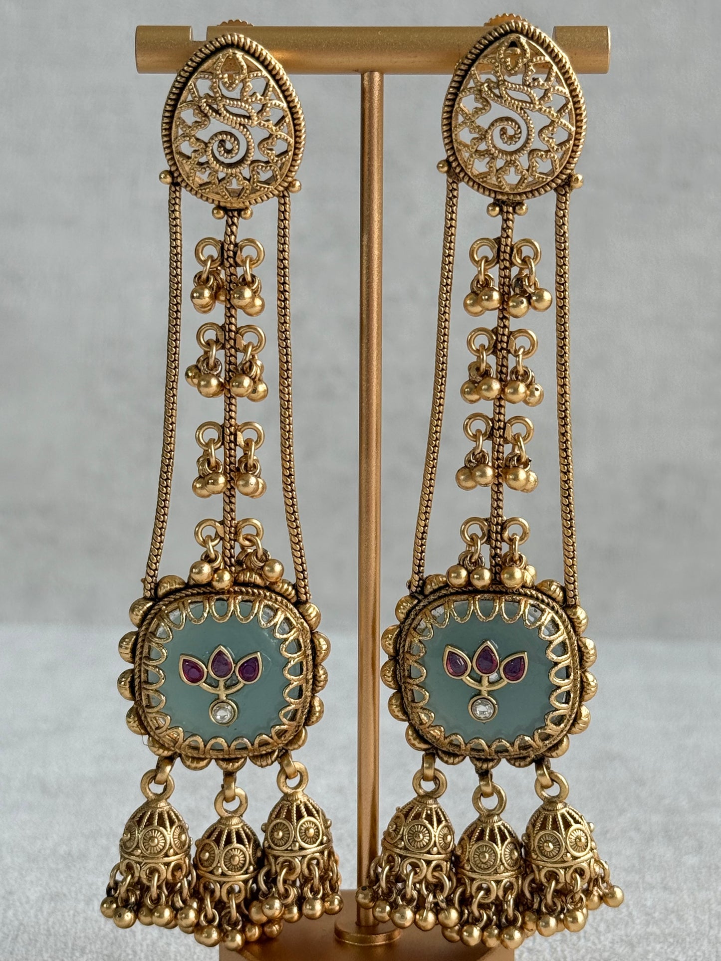 Ayura Designs Ihana Earrings – Mint Green Enamel with Pink Kundan, Ghungroo & Jhumki Detailing