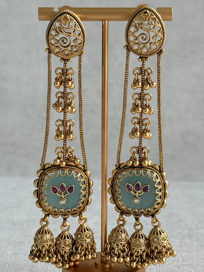 Ayura Designs Ihana Earrings – Mint Green Enamel with Pink Kundan, Ghungroo & Jhumki Detailing