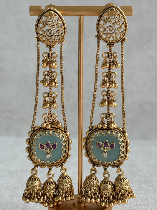 Ayura Designs Ihana Earrings – Mint Green Enamel with Pink Kundan, Ghungroo & Jhumki Detailing