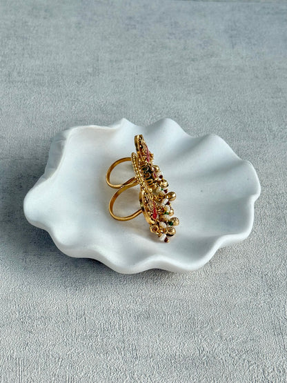 Ayura Designs Raha Adjustable Ring – Antique Gold Lotus Motifs with Emerald Green & Rani Pink Stones, Pearl Drops & Ghungroo Detailing
