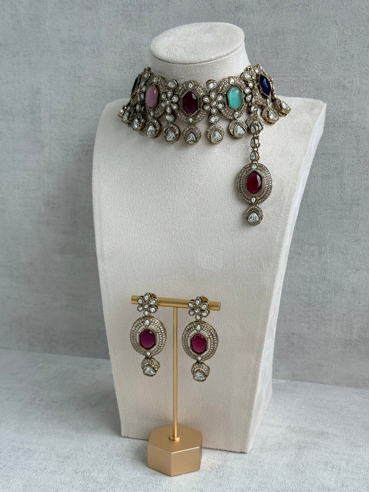 Ayura Designs Emanya Choker Set – Choker, Earrings & Tikka with Mirror-Cut Stones, Multicolour & Antique Gold Detailing