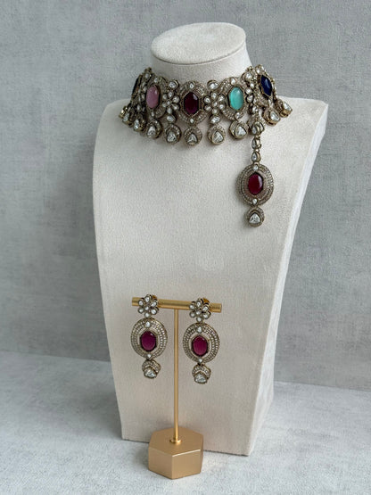 Ayura Designs Emanya Choker Set – Choker, Earrings & Tikka with Mirror-Cut Stones, Multicolour & Antique Gold Detailing