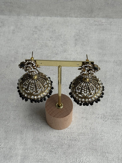 Ayura Designs Mayurika Jhumkis – Antique Gold Jhumkis with Crystal Stones, Black Beads & Peacock Motif