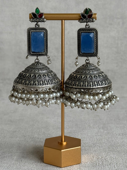 Ayura Designs Zeba Earrings – Oxidised Statement Jhumkis in Ink Blue & Multicolour Stones with Pearl Detailing