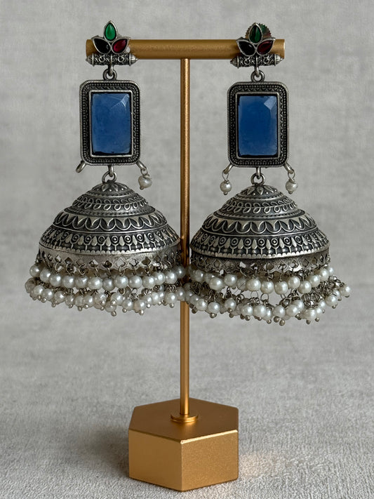 Ayura Designs Zeba Earrings – Oxidised Statement Jhumkis in Ink Blue & Multicolour Stones with Pearl Detailing