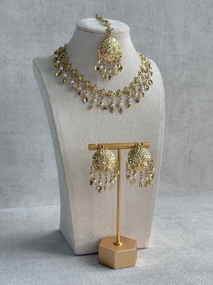 Ayura Designs Rupal Necklace Set with Earrings & Tikka – Gold Finish with Pearls & Pippal Patti Detailing