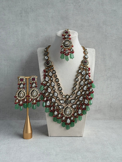 Ayura Designs Zahira Bridal Set with Necklace, Earrings & Tikka – Kundan Detailing with Green Enamel, Pink Stones & Jade Green Beads