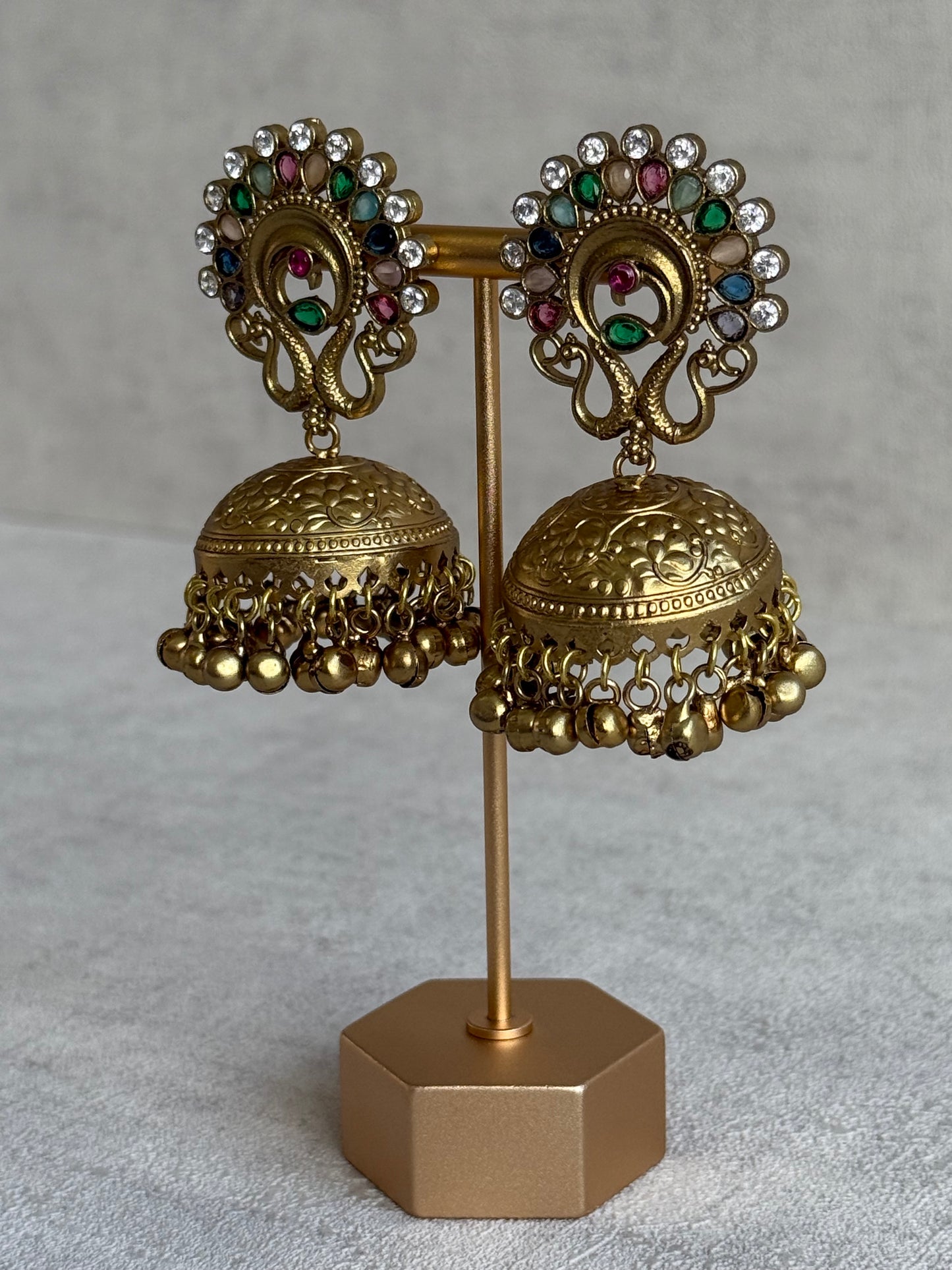 Ayura Designs Moraya Jhumkis – Multicolour Peacock Motif with Antique Gold Detailing