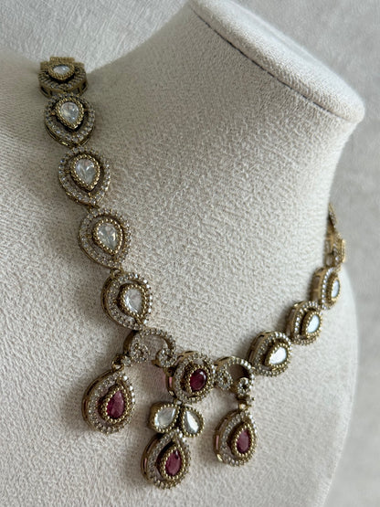 Ayura Designs Bianca Necklace Set with Earrings – Kundan, Ruby Pink Stones, Crystals & Gold Finish
