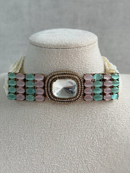 Ayura Designs Emma Choker Set – Mint Green & Blush Pink Gemstone Choker & Studs with Mirror-Cut Centrepiece, Pearl Strands & Crystal Borders