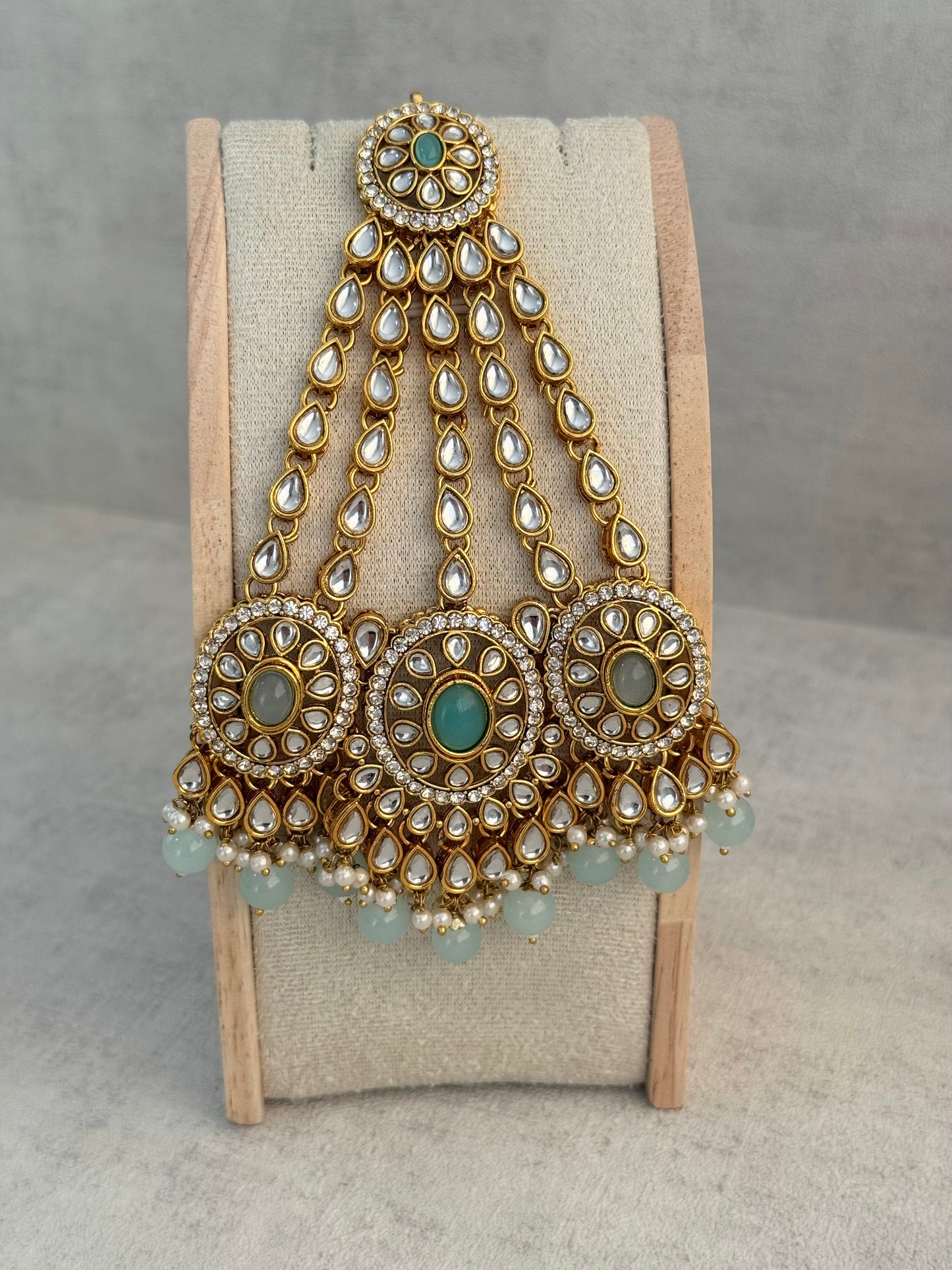 Ayura Designs Zara Set with Necklace, Earrings, Tikka & Passa – Antique Gold with Kundan Detailing & Aqua Blue Beads