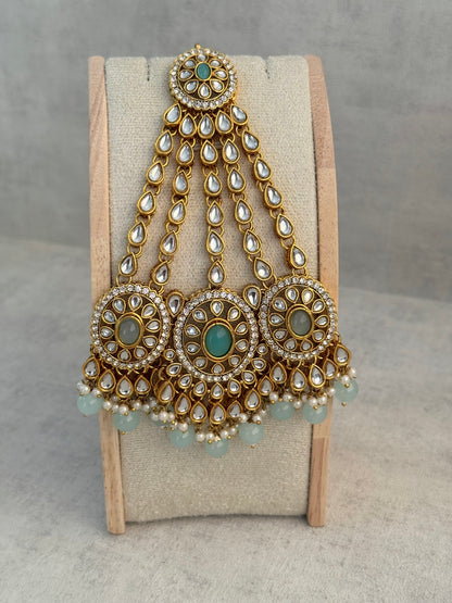 Ayura Designs Zara Set with Necklace, Earrings, Tikka & Passa – Antique Gold with Kundan Detailing & Aqua Blue Beads