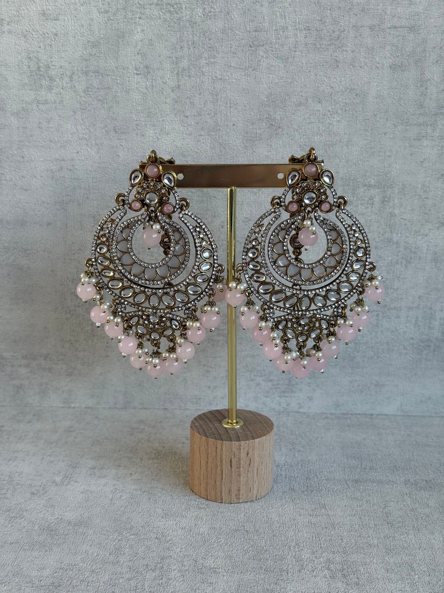 Ayura Designs Rabia Chandbalis – Antique Gold Kundan Earrings with Blush Pink Beads, Pearls & Attached Sahare