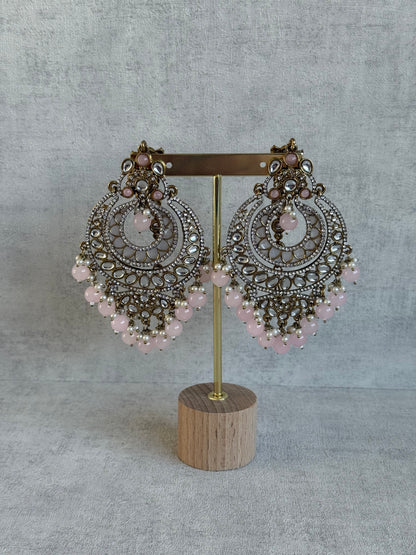 Ayura Designs Rabia Chandbalis – Antique Gold Kundan Earrings with Blush Pink Beads, Pearls & Attached Sahare