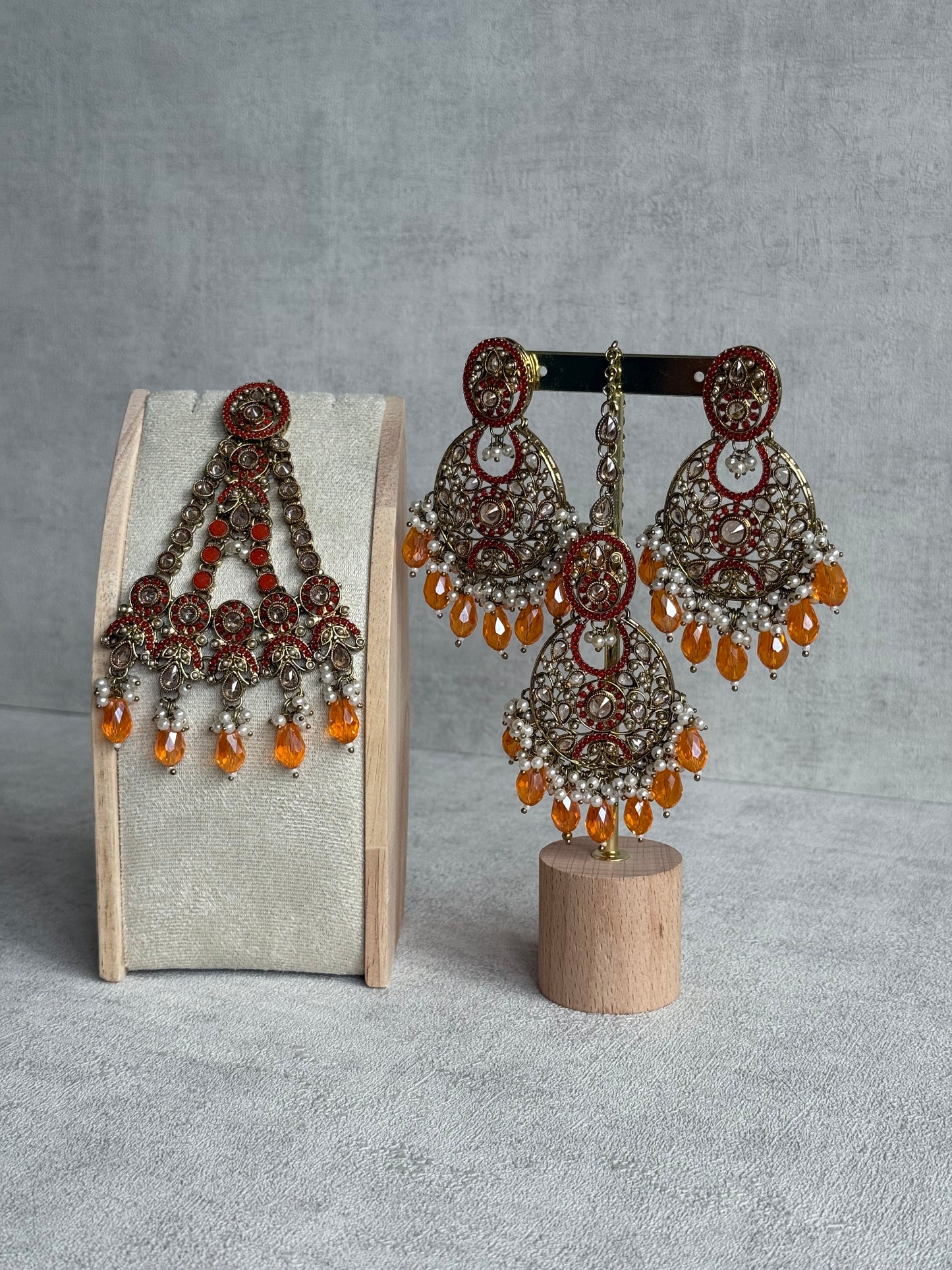 Ayura Designs Almas Tikka Set with Earrings, Tikka & Sahara – Orange Beads & Antique Gold Finish