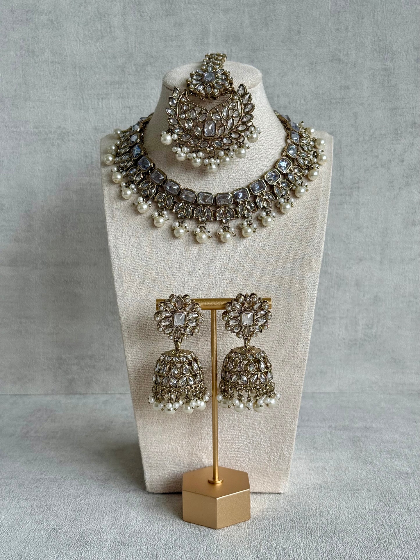 Ayura Designs Sufia Set – Antique Gold Necklace, Mirror-Cut Stones, Jhumkis & Tikka with Pearl Detailing