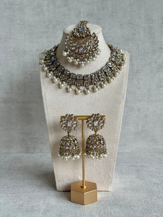 Ayura Designs Sufia Set – Antique Gold Necklace, Mirror-Cut Stones, Jhumkis & Tikka with Pearl Detailing
