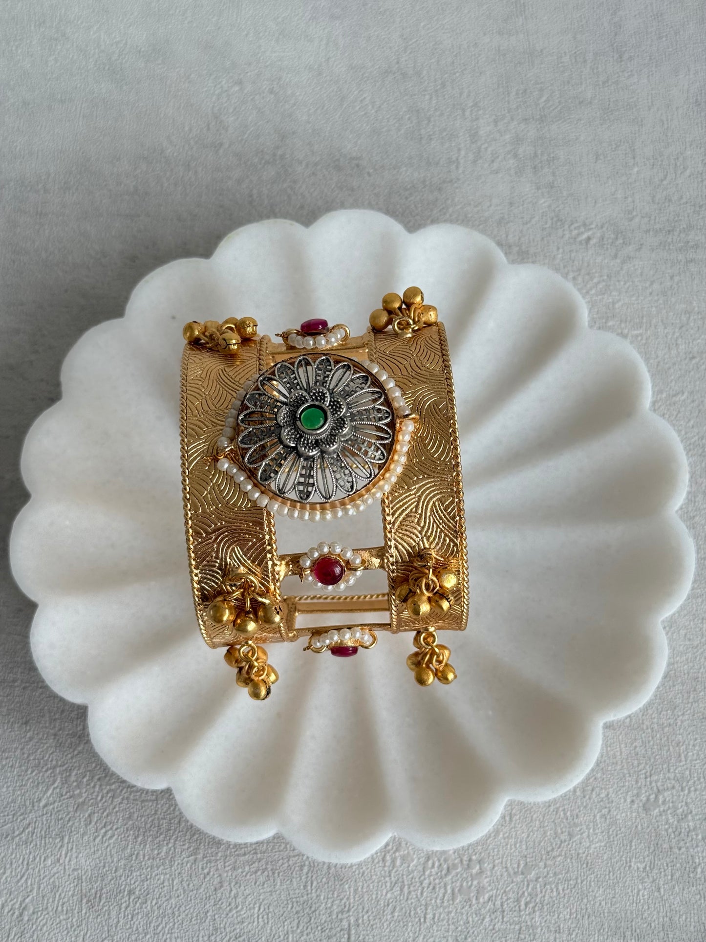 Ayura Designs Omita Adjustable Kashmiri Cuff Bracelet – Floral Medallion with Pearl, Ruby & Emerald Detailing