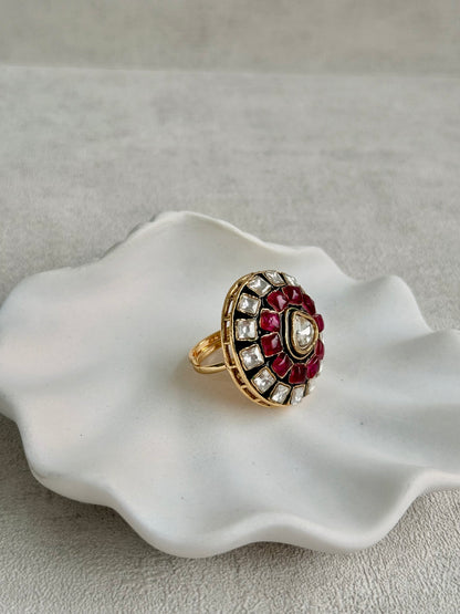 Ayura Designs Zaib Adjustable Ring – Mirror-Cut Stone with Green Enamel, Ruby Pink Accents & Crystal Detailing