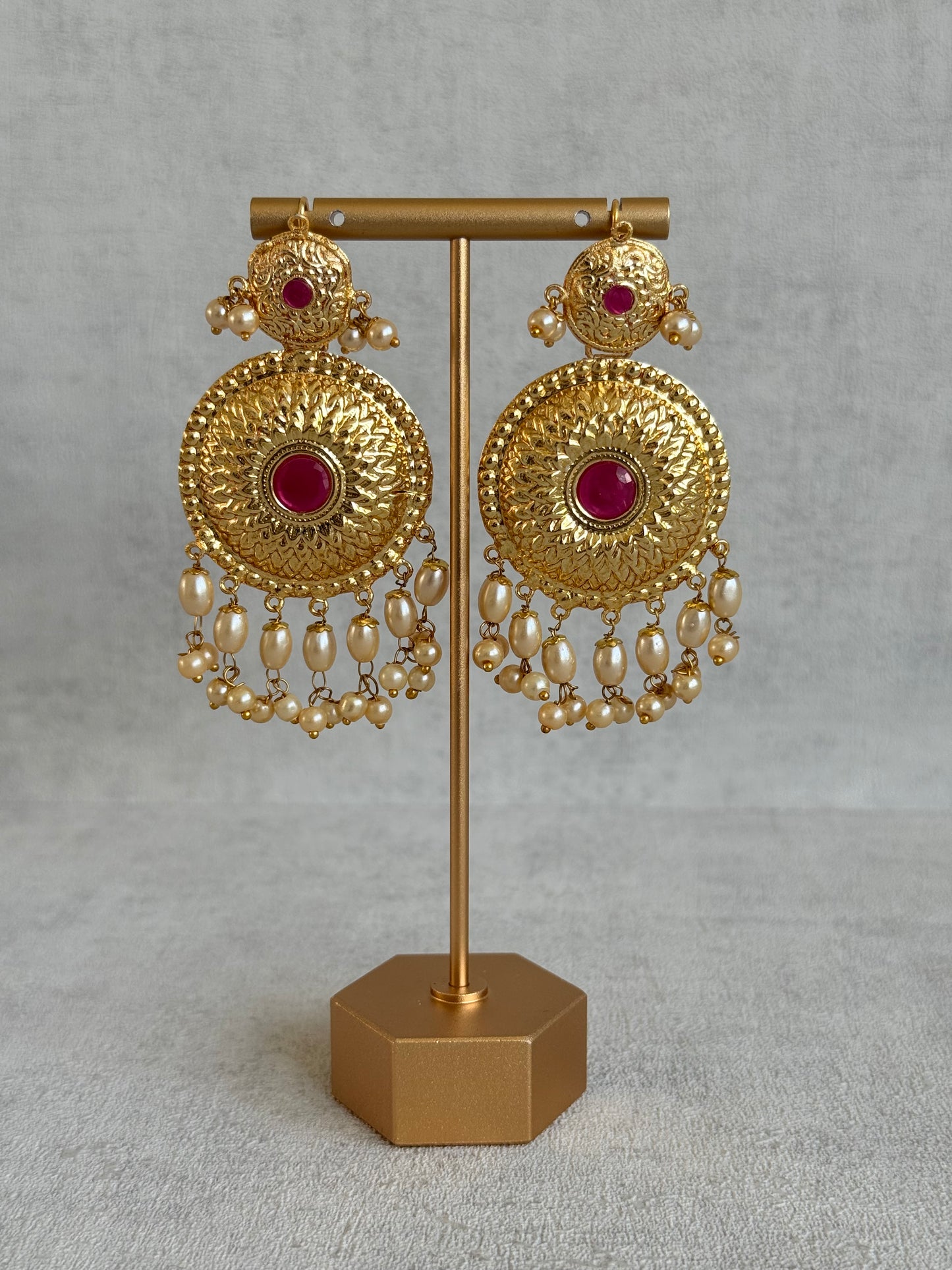 Ayura Designs Jyoti Set with Earrings & Tikka – Gold Disc Necklace with Ruby Pink & Pearl Detailing