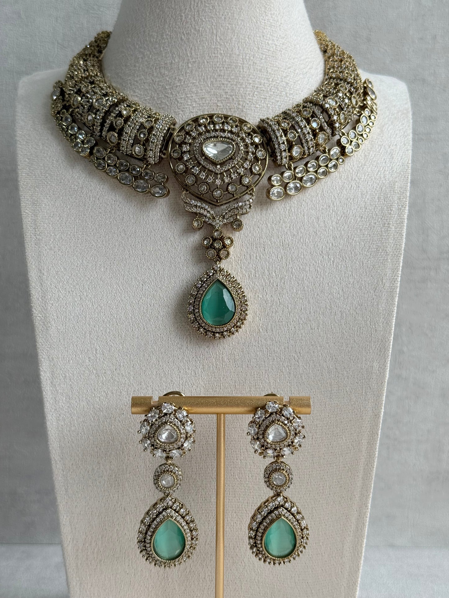 Ayura Designs Ahana Necklace Set with Earrings – Mint Green Teardrop Stones & Moissanite Detailing