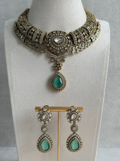 Ayura Designs Ahana Necklace Set with Earrings – Mint Green Teardrop Stones & Moissanite Detailing