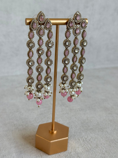Ayura Designs Emilia Earrings – Gold Triple Strand Statement Earrings with Blush Pink Stones & Pearl Drops