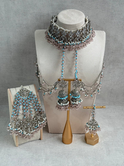 Ayura Designs Arasi Set with Choker, Passa, Tikka & Sahare Jhumkis – Antique Silver with Blush Pink Crystals, Aqua Blue Beads & Ivory Pearls