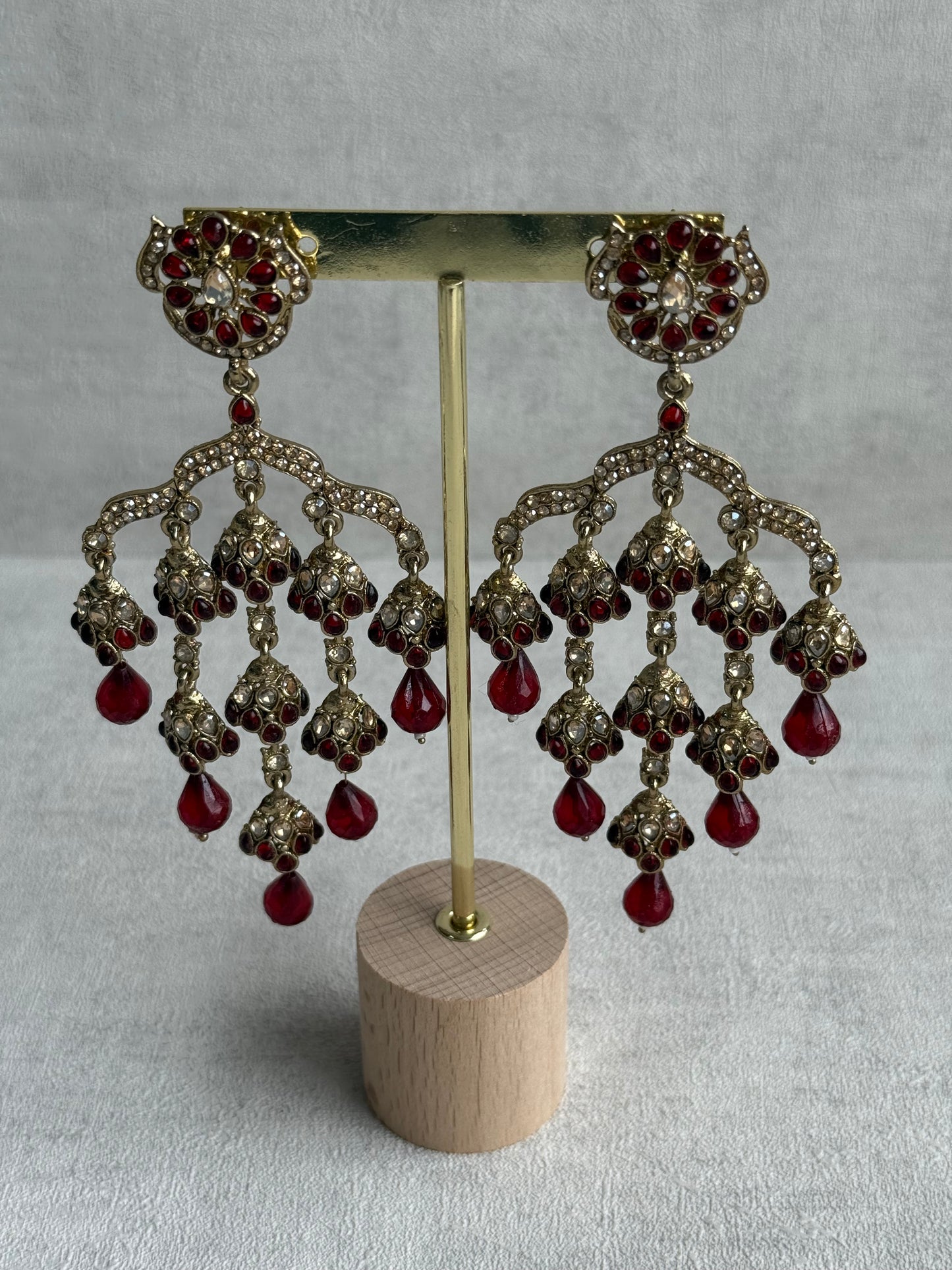 Ayura Designs Jasmine Earrings – Chandelier Earrings with Maroon Beads & Antique Gold Detailing
