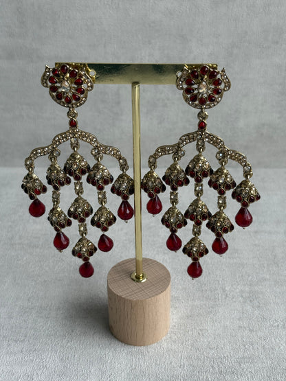 Ayura Designs Jasmine Earrings – Chandelier Earrings with Maroon Beads & Antique Gold Detailing