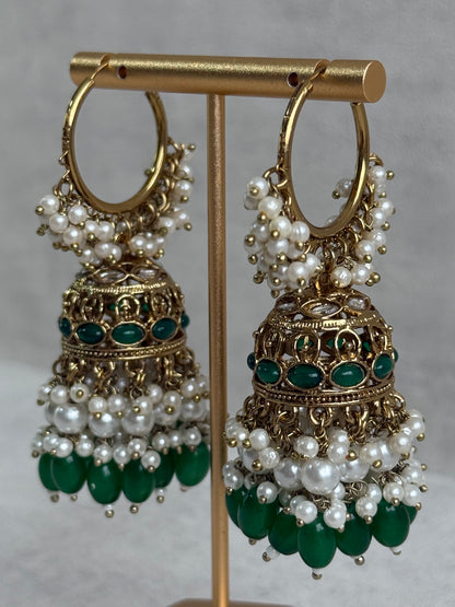Ayura Designs Jugni Jhumkis – Antique Gold Balis with Emerald Beads & Pearl Clusters