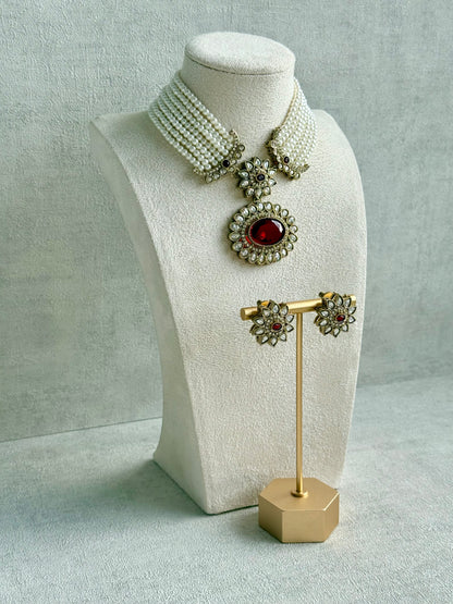 Ayura Designs Amaya Necklace Set with Studs – Antique Finish in Ruby Red Stones with Pearl Strands