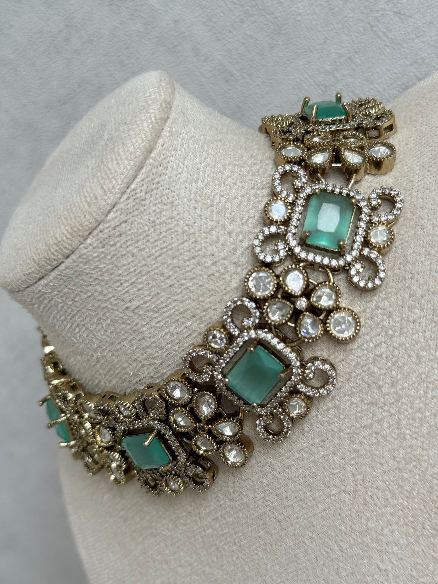 Ayura Designs Celine Necklace Set with Earrings – Moissanite Mint Green Statement Set