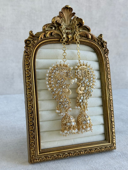 Ayura Designs Nitya Kaanphool Jhumkis – Gold Half Ear Cuff Earrings, Peacock Motifs, Kundan, Ivory Pearl Drops & Sahare