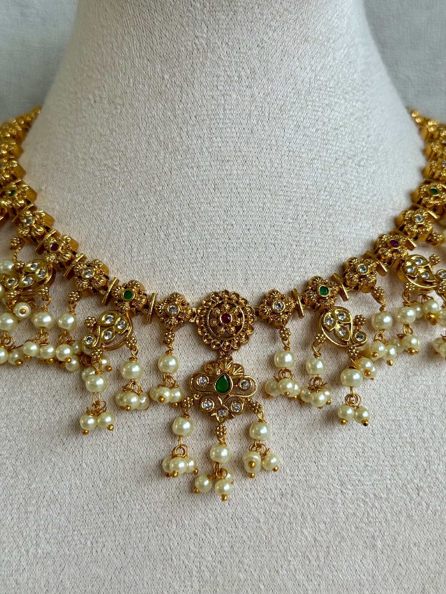 Ayura Designs Ilaa Set – Necklace & Earrings with Pink & Green Stone Accents, Pearl Drops & Antique Gold Finish