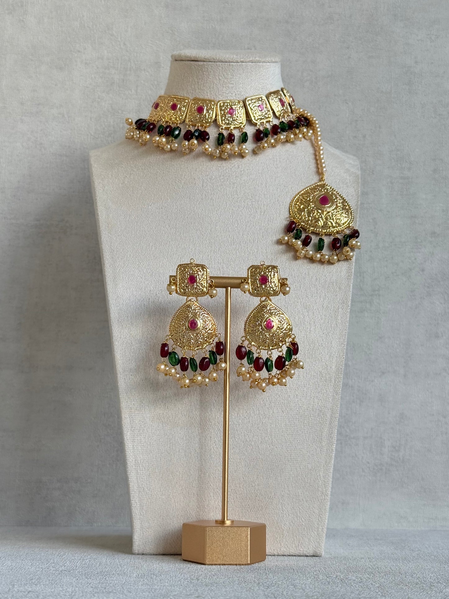 Ayura Designs Chetna Choker Set with Earrings & Tikka – Maroon & Emerald Green Beads, Cream Pearl Drops with Pipal Patti Detailing