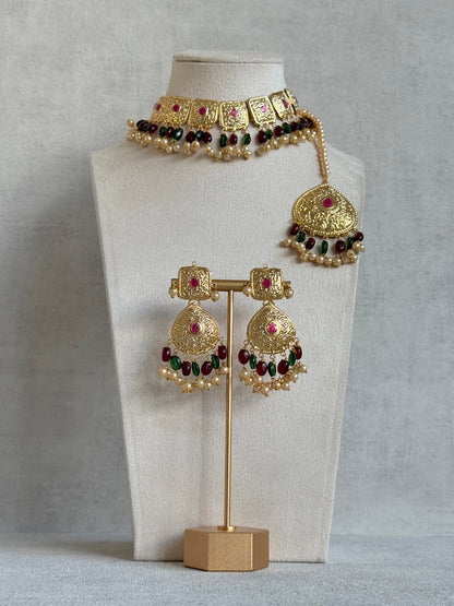 Ayura Designs Chetna Choker Set with Earrings & Tikka – Maroon & Emerald Green Beads, Cream Pearl Drops with Pipal Patti Detailing