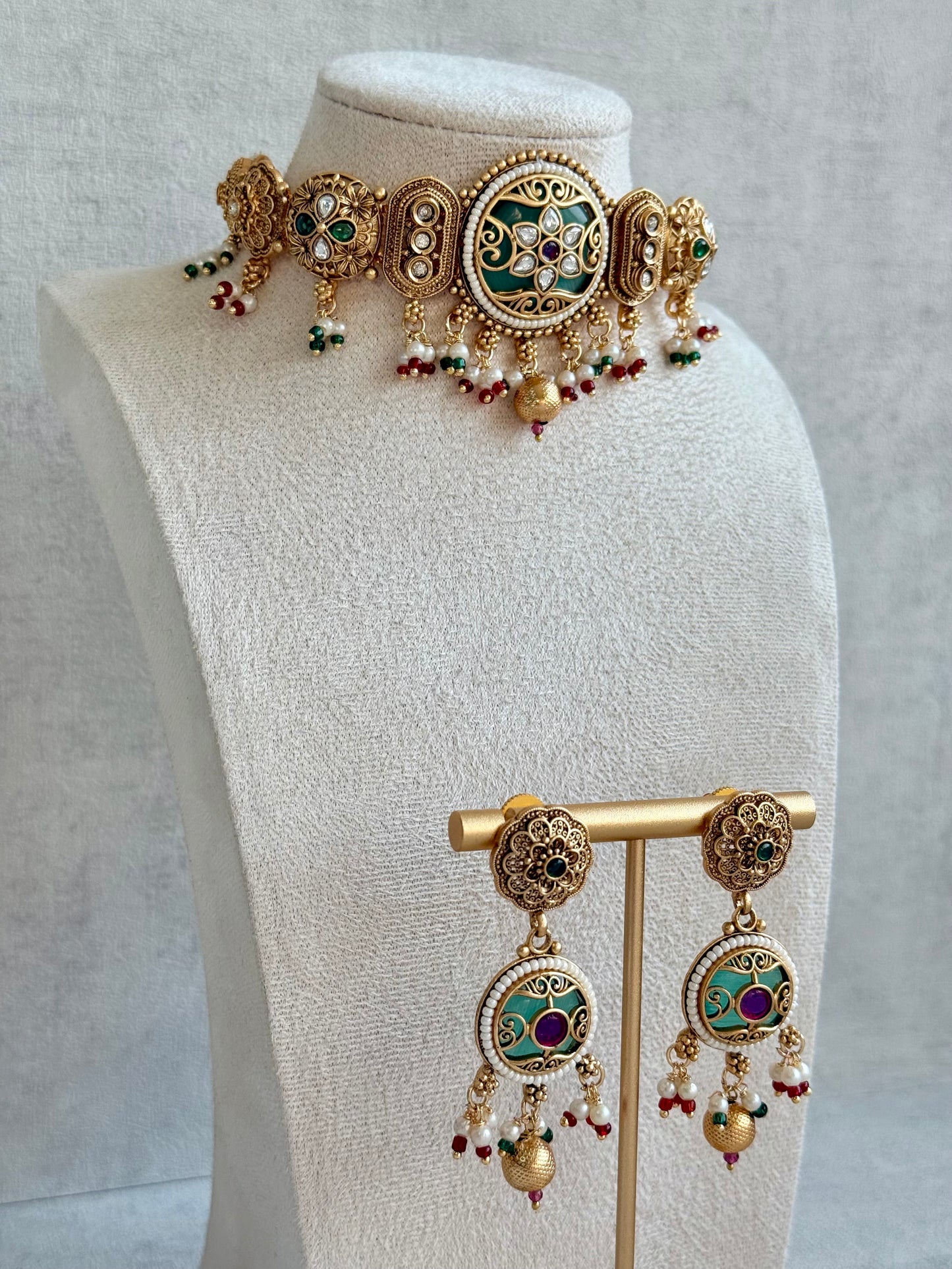 Ayura Designs Haya Choker Set with Stud Earrings – Emerald Enamel with Rani Pink Stones and Pearl Drop Detailing
