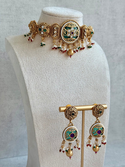 Ayura Designs Haya Choker Set with Stud Earrings – Emerald Enamel with Rani Pink Stones and Pearl Drop Detailing