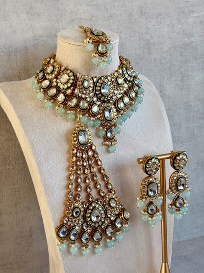 Ayura Designs Jashan Set with Necklace, Earrings, Tikka & Passa – Kundan Detailing, Pearl Drops & Soft Mint Green Beads