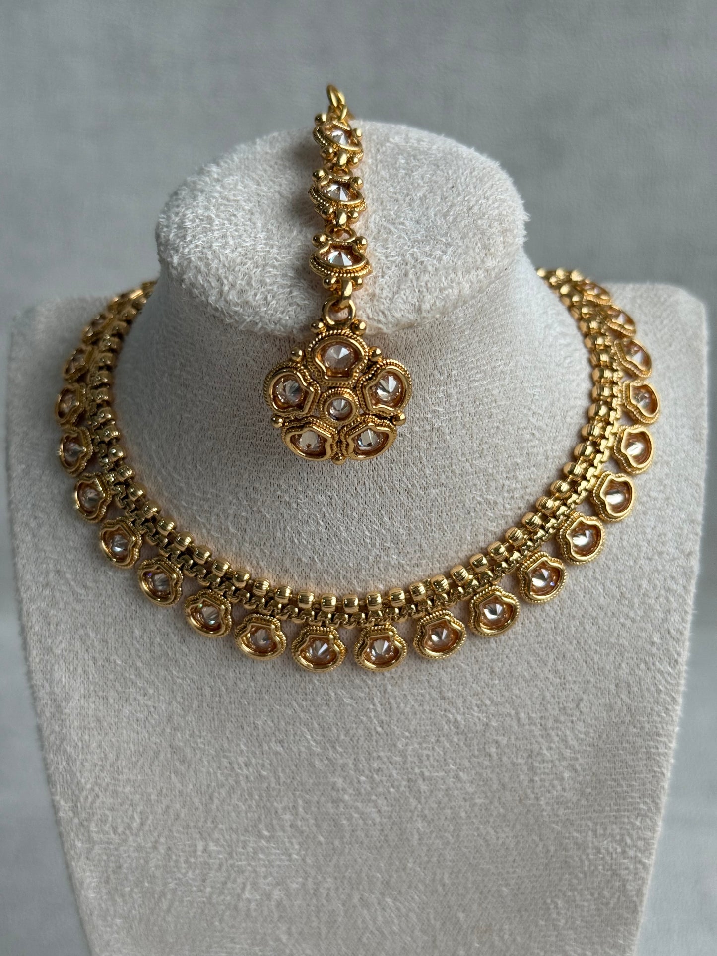 Ayura Designs Amala Set with Necklace, Studs & Tikka – Mirror-Cut Stones in Antique Gold Finish