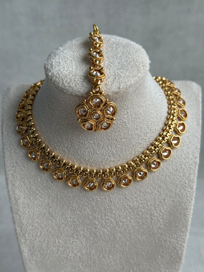 Ayura Designs Amala Set with Necklace, Studs & Tikka – Mirror-Cut Stones in Antique Gold Finish