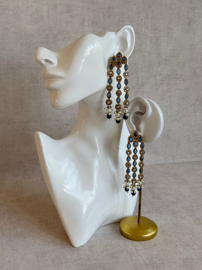 Ayura Designs Emilia Earrings – Gold Triple Strand Statement Earrings with Ink Blue Stones & Pearl Drops