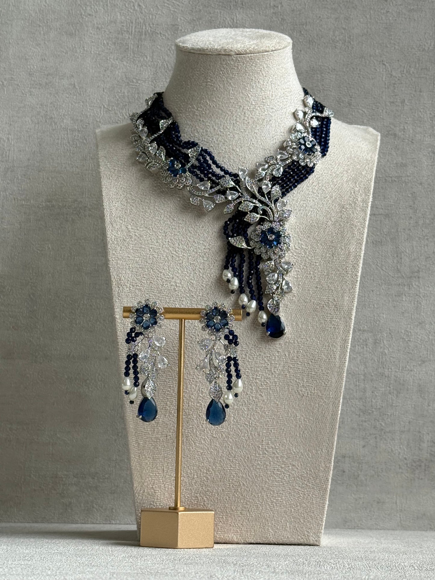 Ayura Designs Chloe Set – Silver Necklace & Earrings with Sapphire Stones, Pearls & Moissanite Detailing