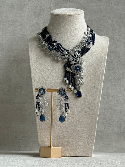 Ayura Designs Chloe Set – Silver Necklace & Earrings with Sapphire Stones, Pearls & Moissanite Detailing