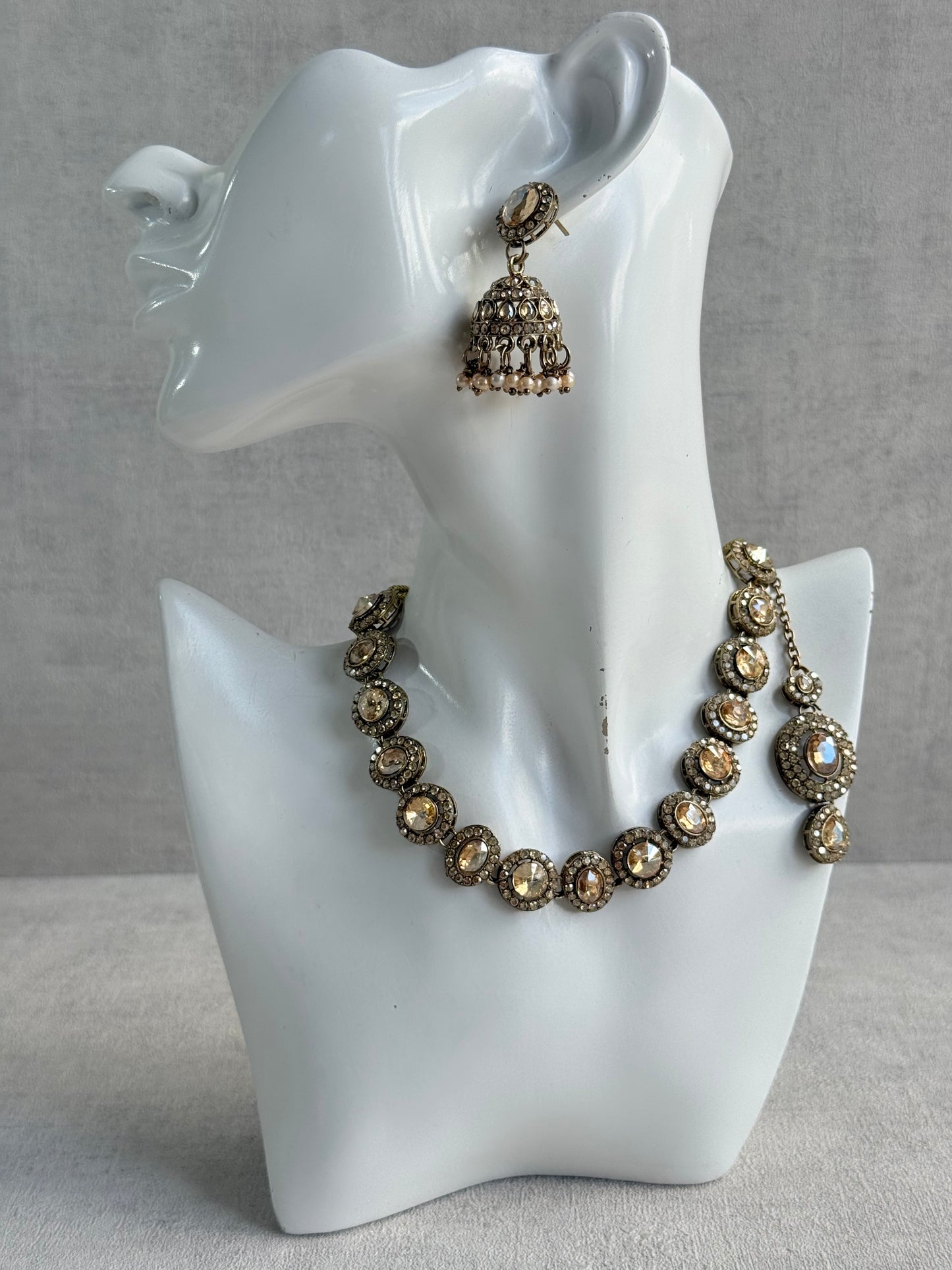 Ayura Designs Eira Necklace Set with Earrings & Tikka – Champagne Gold Crystal Stones with Antique Gold Finish