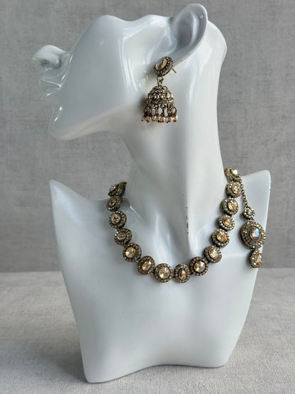 Ayura Designs Eira Necklace Set with Earrings & Tikka – Champagne Gold Crystal Stones with Antique Gold Finish