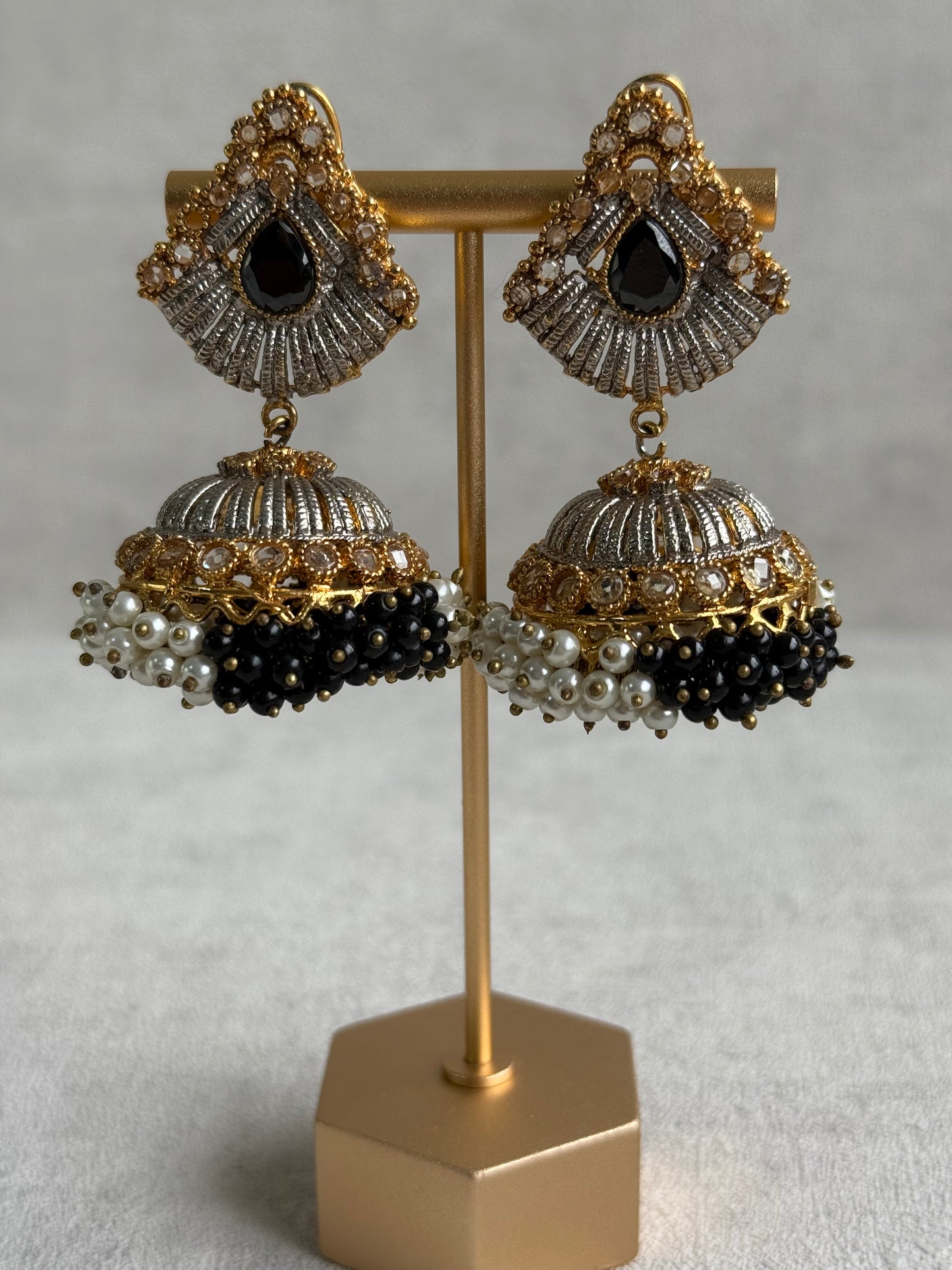 Ayura Designs Nasha Jhumkis – Silver & Gold Dual-Tone Earrings with Black & Pearl Beads