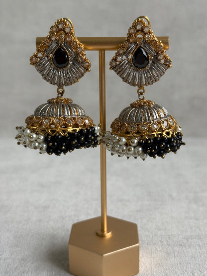 Ayura Designs Nasha Jhumkis – Silver & Gold Dual-Tone Earrings with Black & Pearl Beads