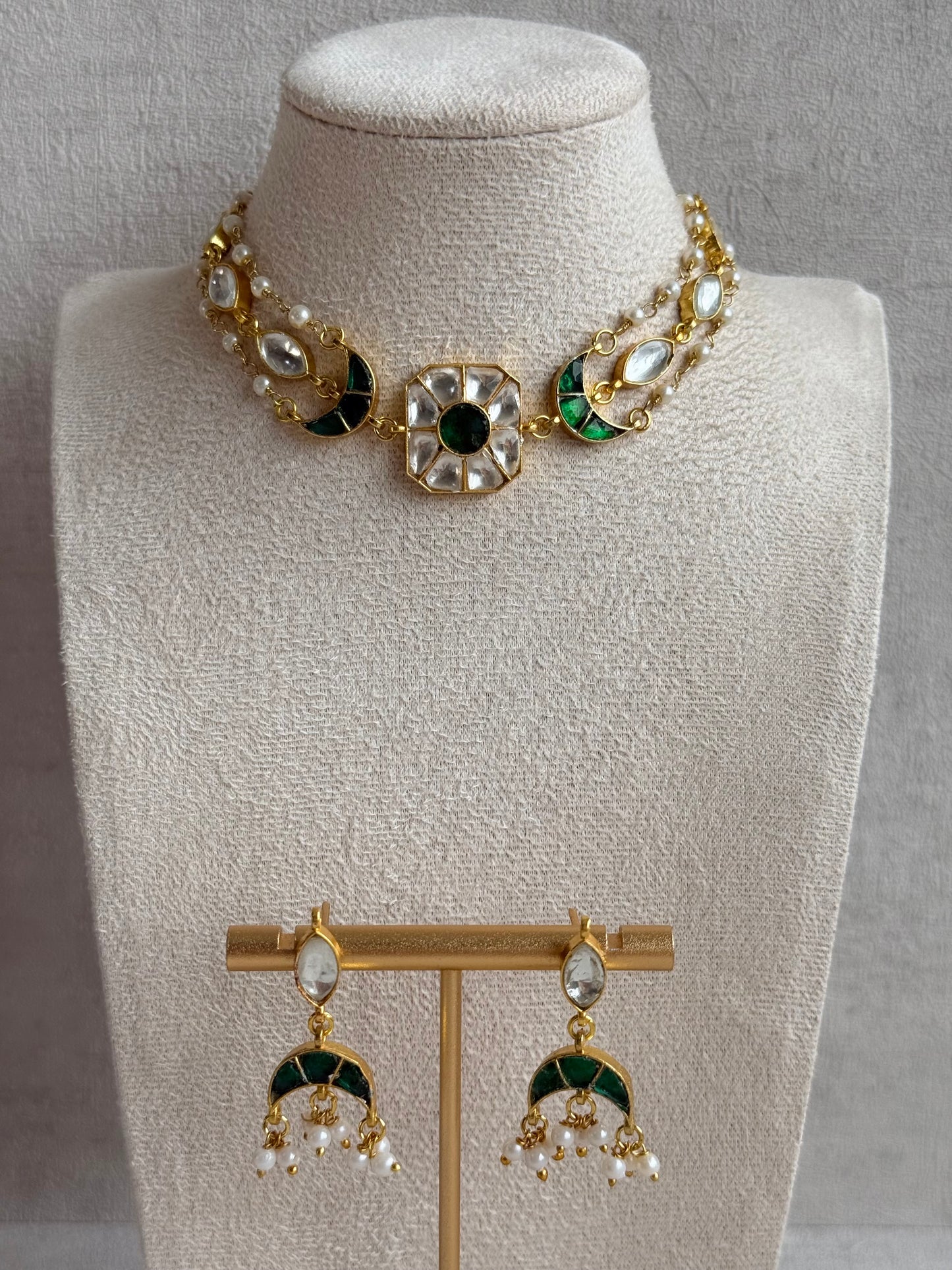 Ayura Designs Mahi Choker Set with Earrings – Meenakari Kundan Emerald Green & Ivory Detailing